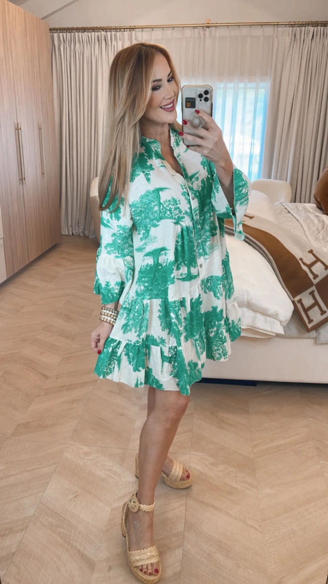 Albi Green And White Mini Lino Swing Dress