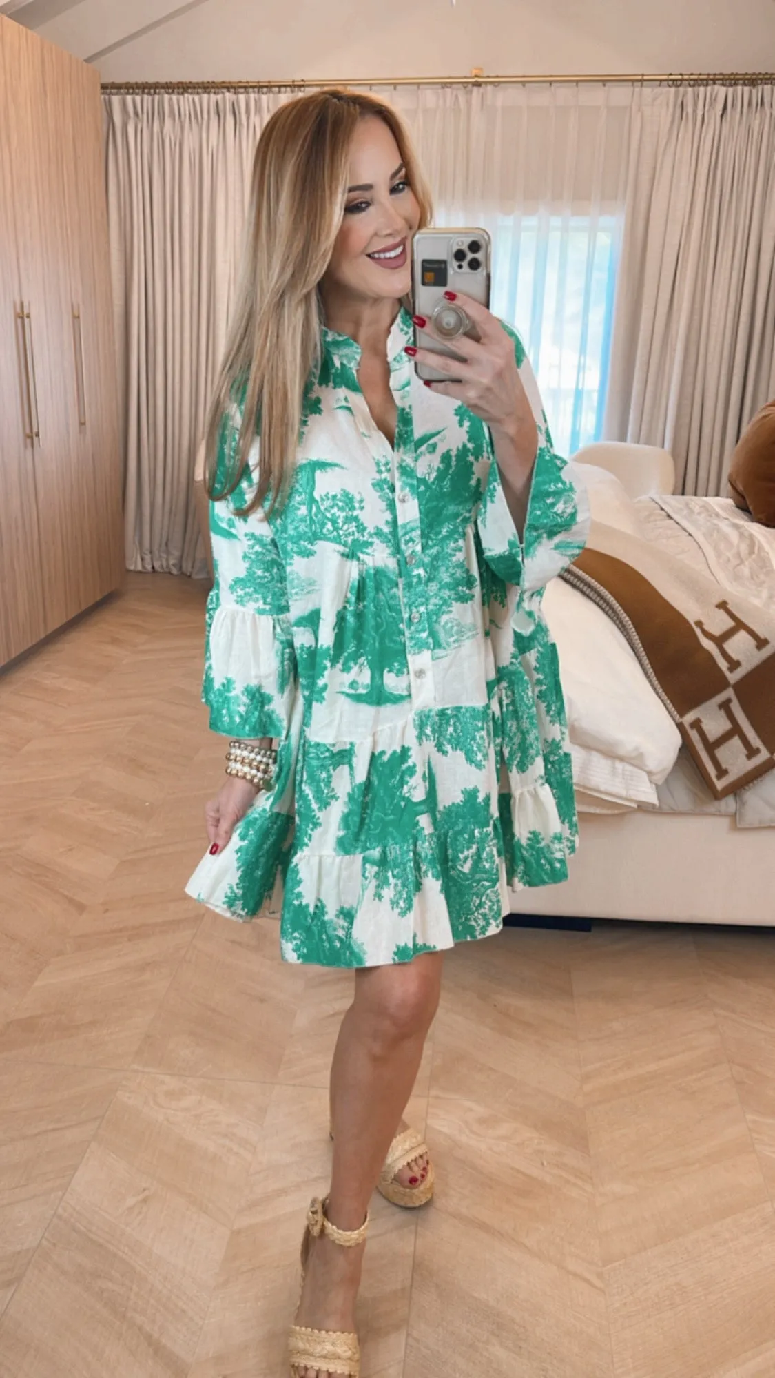 Albi Green And White Mini Lino Swing Dress