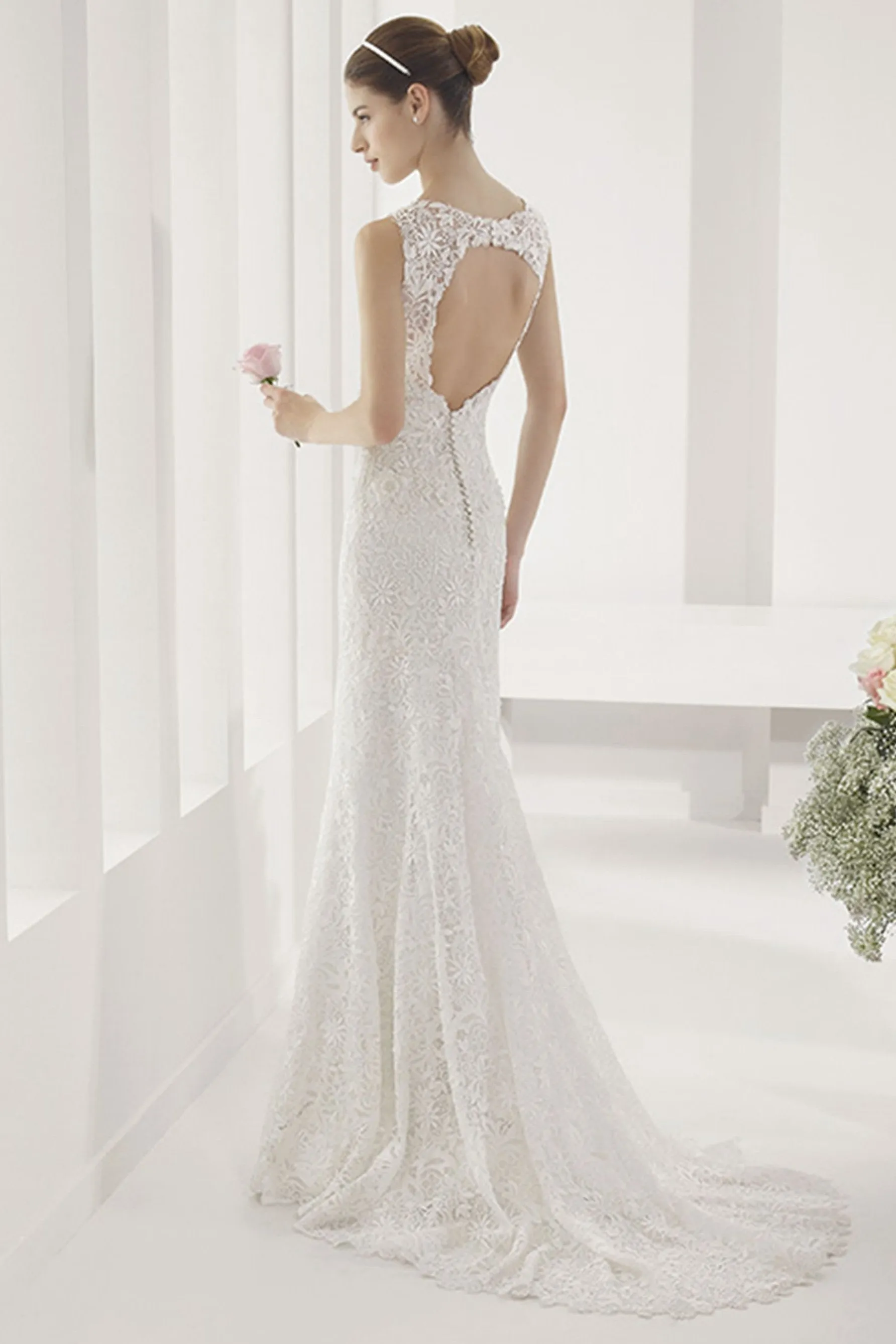 Allover Lace Illusion Neck Sheath Wedding Gown With Back Keyhole-MK_703319