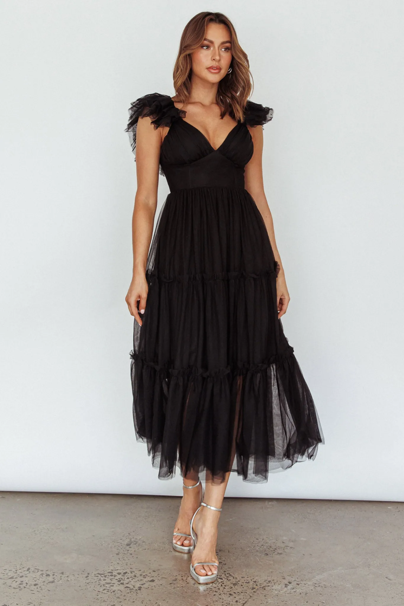 Amal Ruffle Shoulder Tulle Midi Dress Black