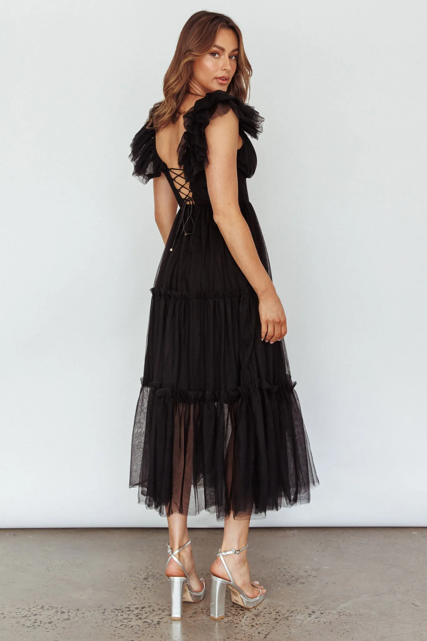 Amal Ruffle Shoulder Tulle Midi Dress Black