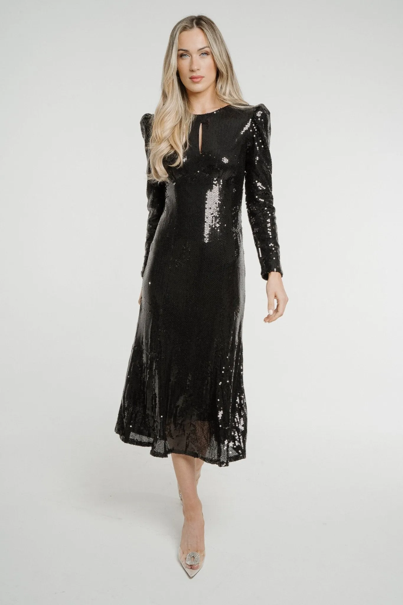 Aria Sequin Midi Dress In Black