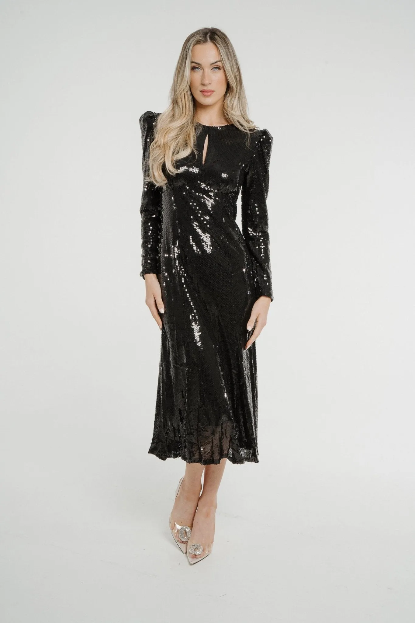 Aria Sequin Midi Dress In Black