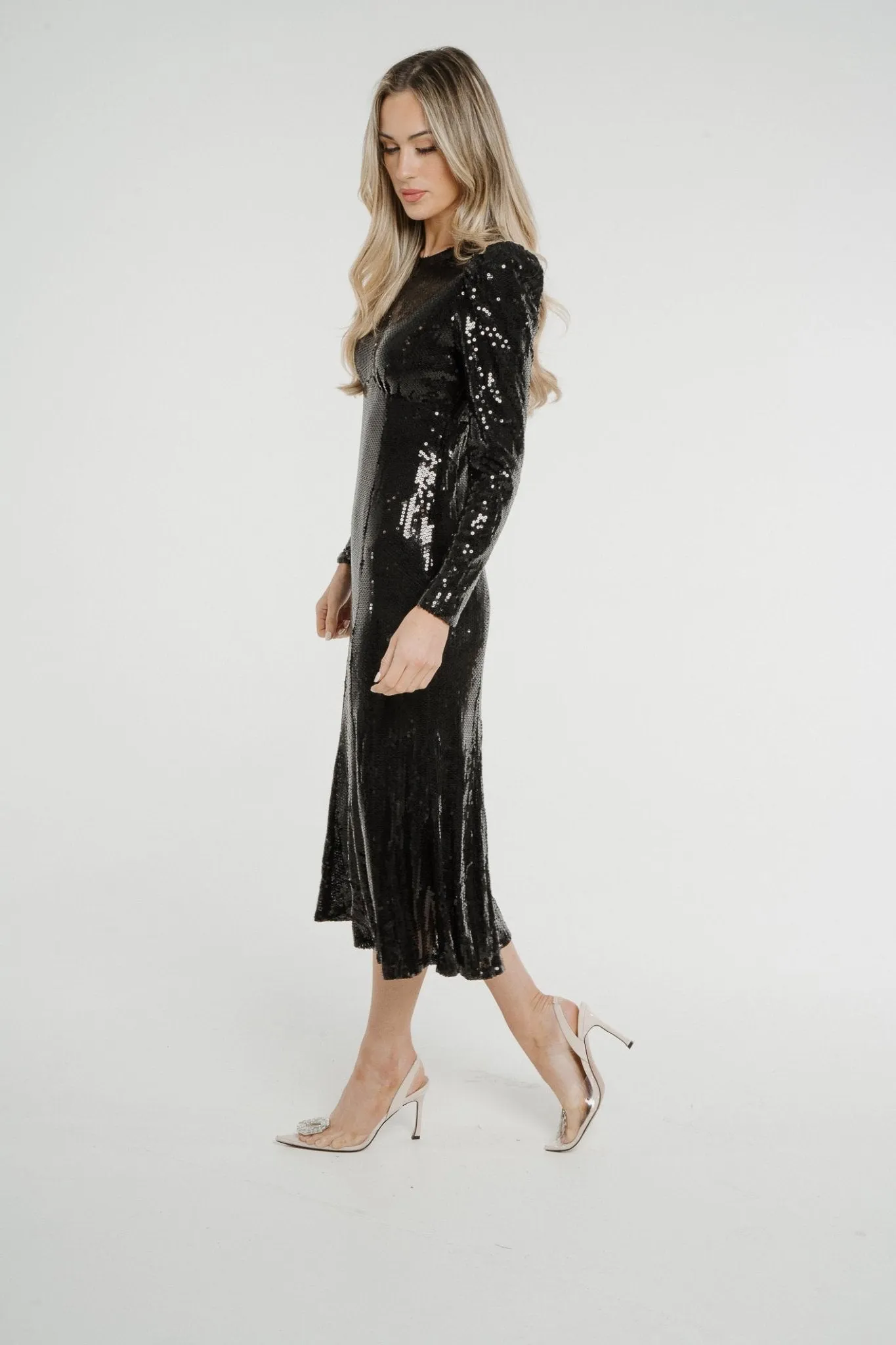 Aria Sequin Midi Dress In Black