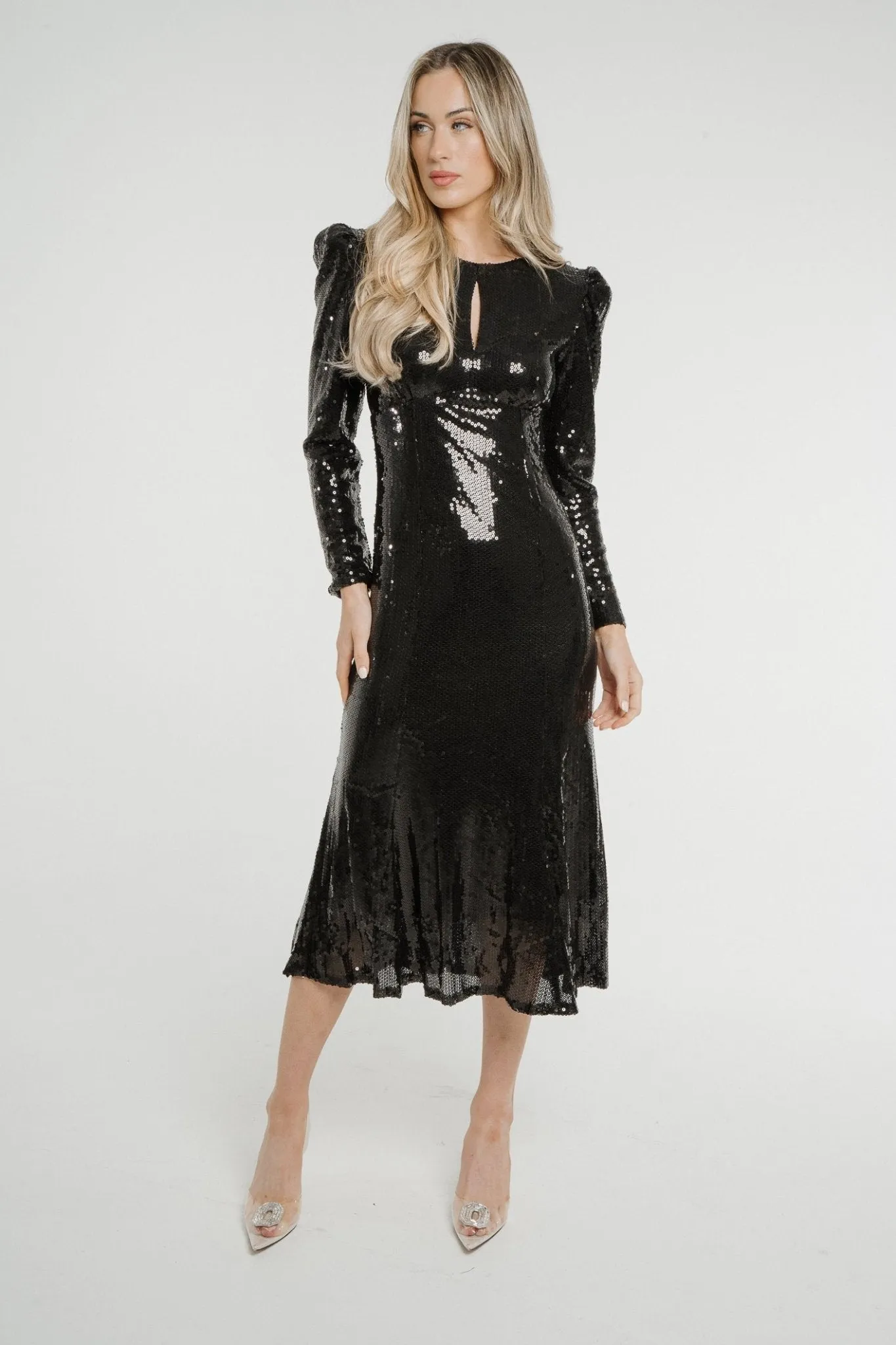 Aria Sequin Midi Dress In Black