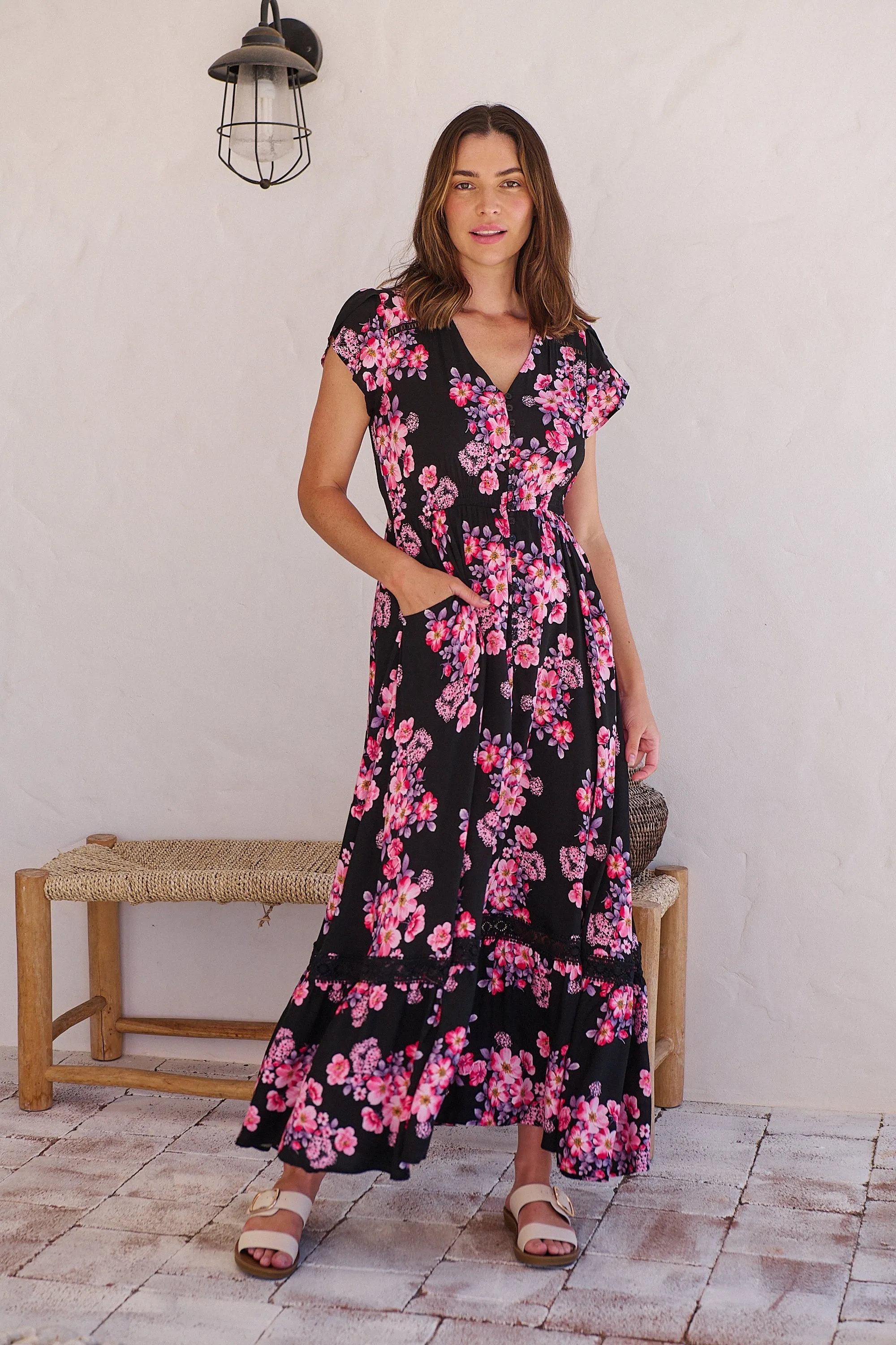 Augustina Black/HOT Pink Floral Button Front Maxi Dress