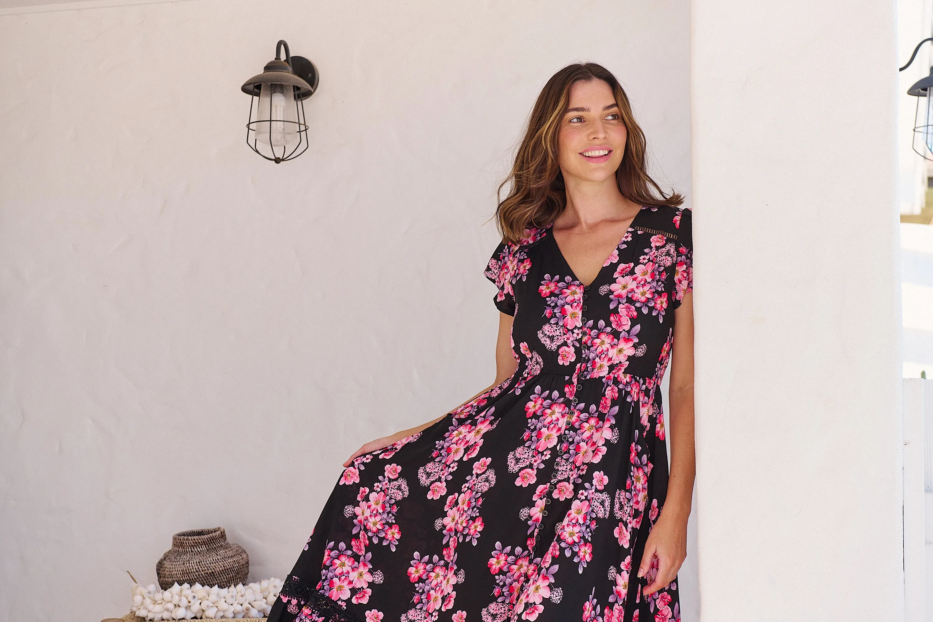 Augustina Black/HOT Pink Floral Button Front Maxi Dress