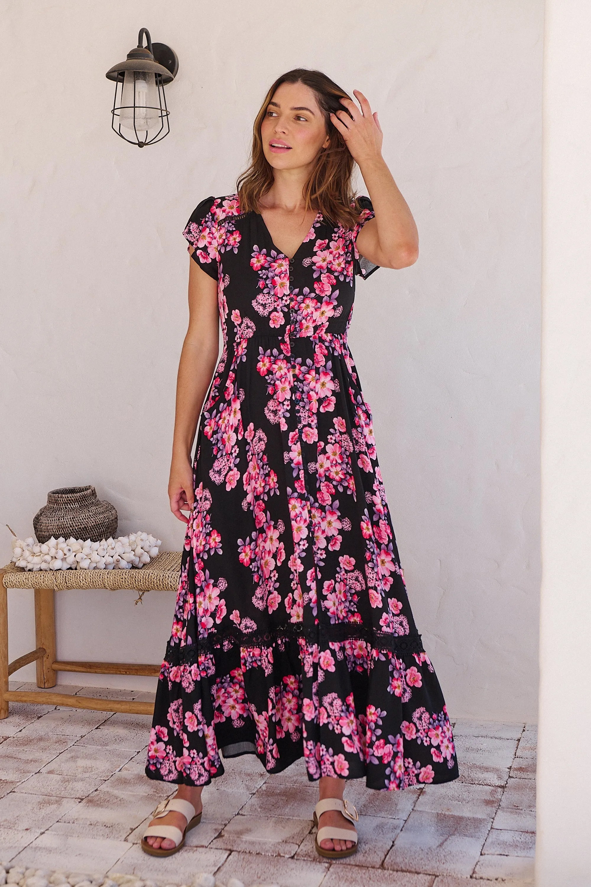 Augustina Black/HOT Pink Floral Button Front Maxi Dress