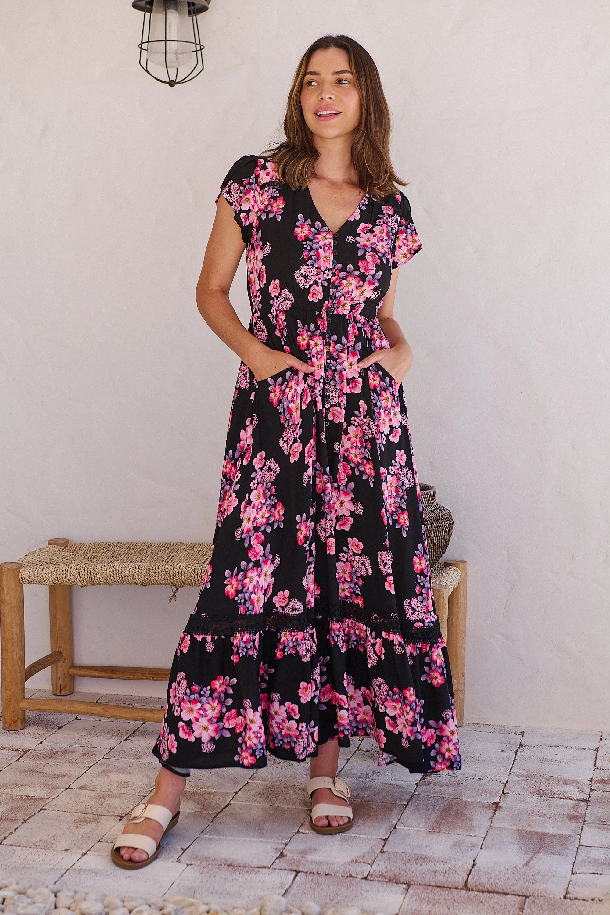 Augustina Black/HOT Pink Floral Button Front Maxi Dress