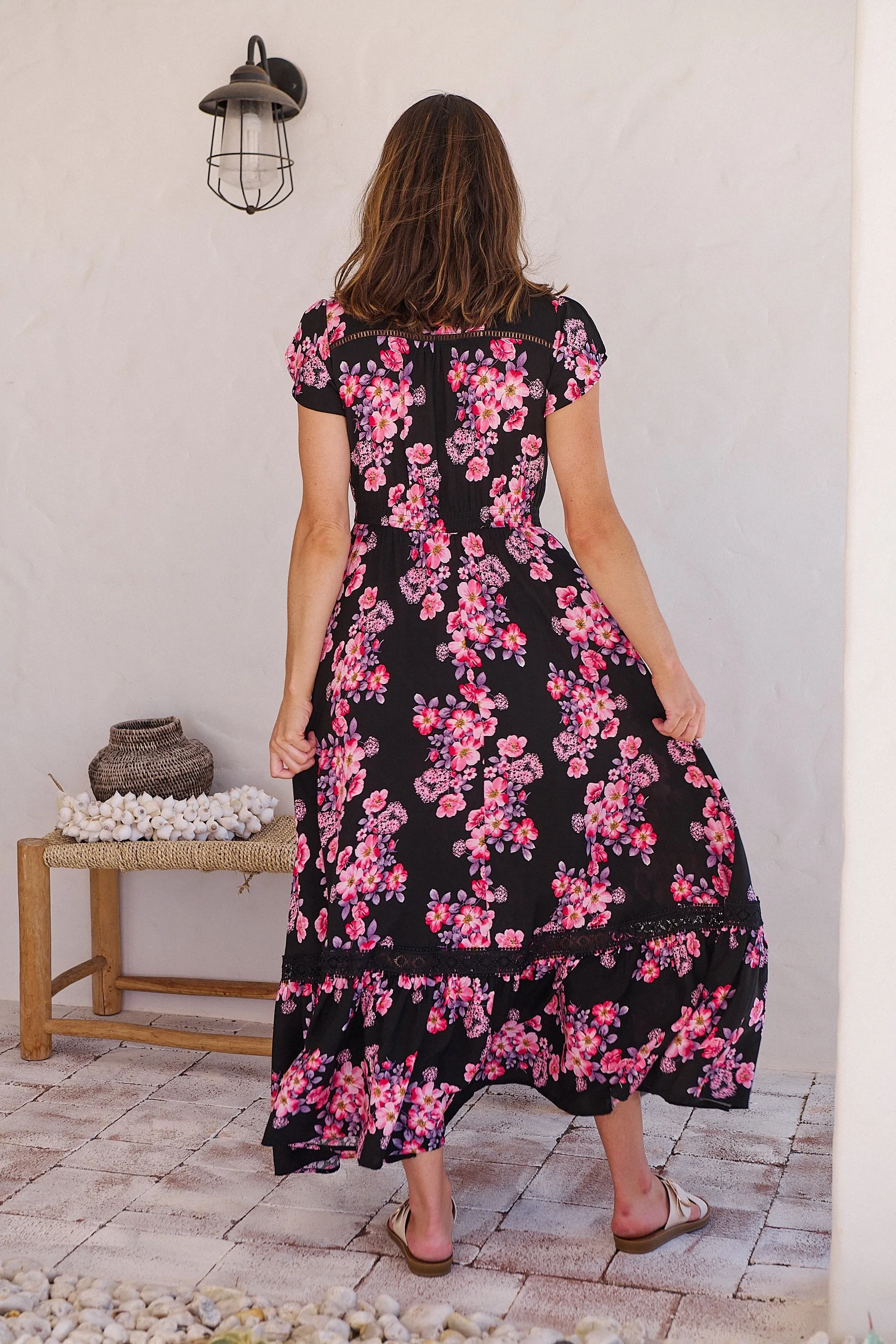 Augustina Black/HOT Pink Floral Button Front Maxi Dress