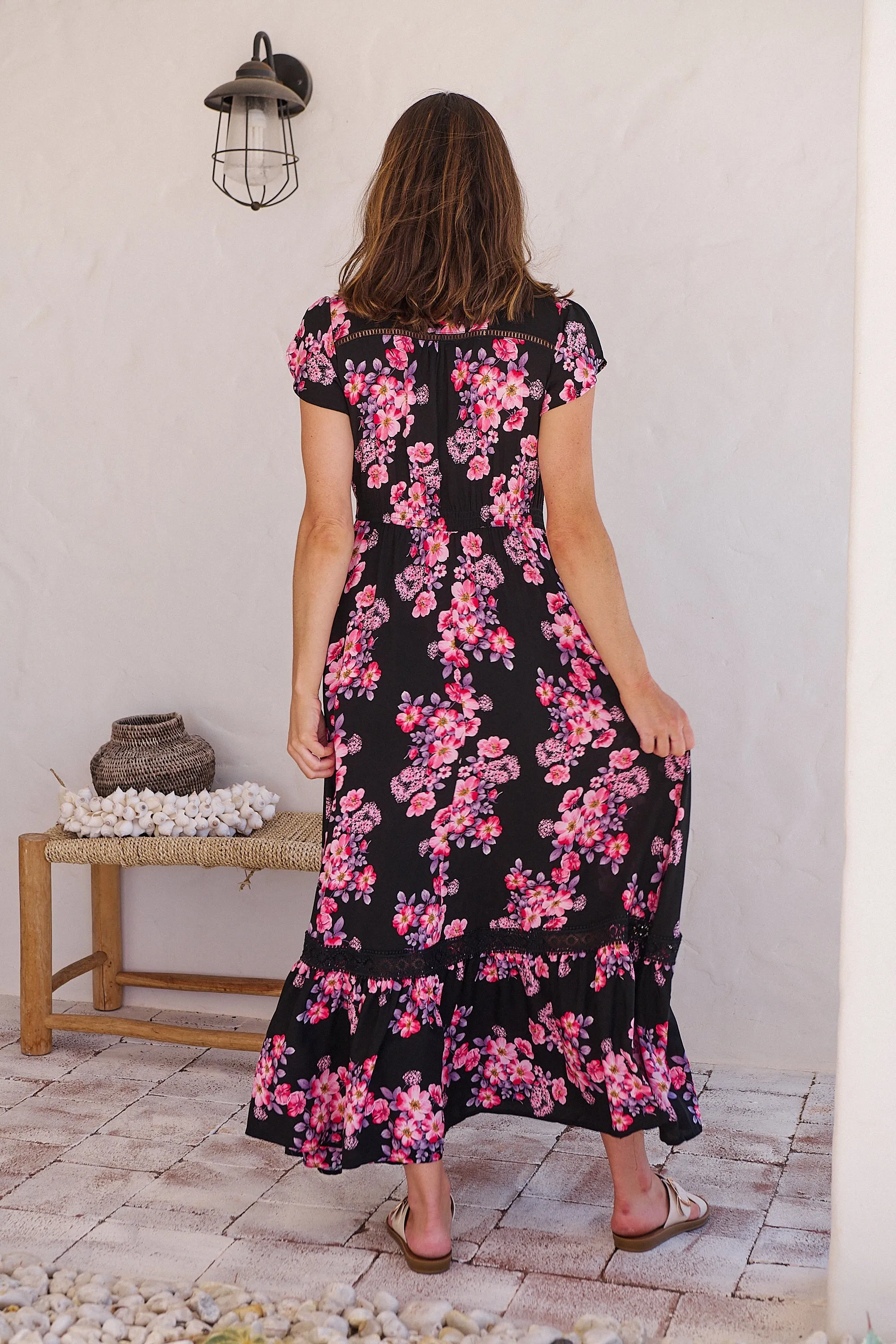 Augustina Black/HOT Pink Floral Button Front Maxi Dress