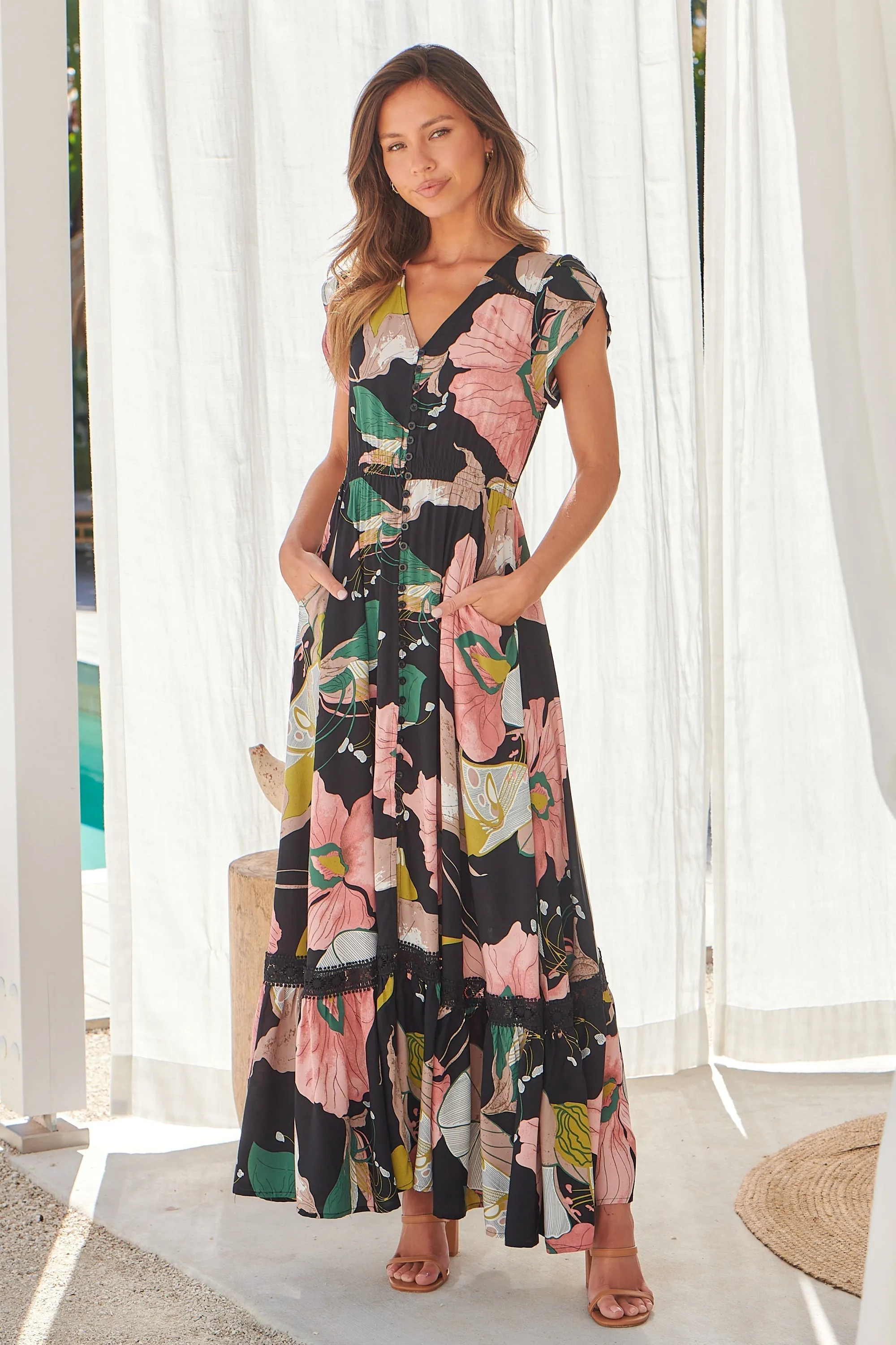 Augustina Pink/Green Floral Button Front Maxi Dress