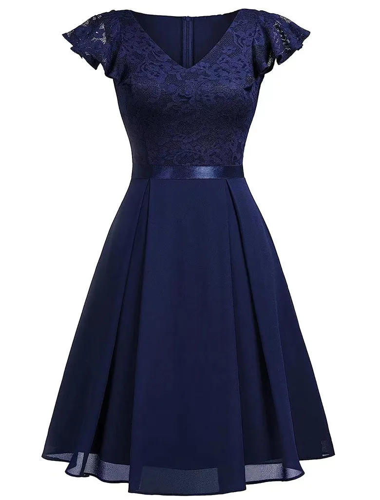 Autumn Lace Cap Sleeve V Neck 50s Party Dress