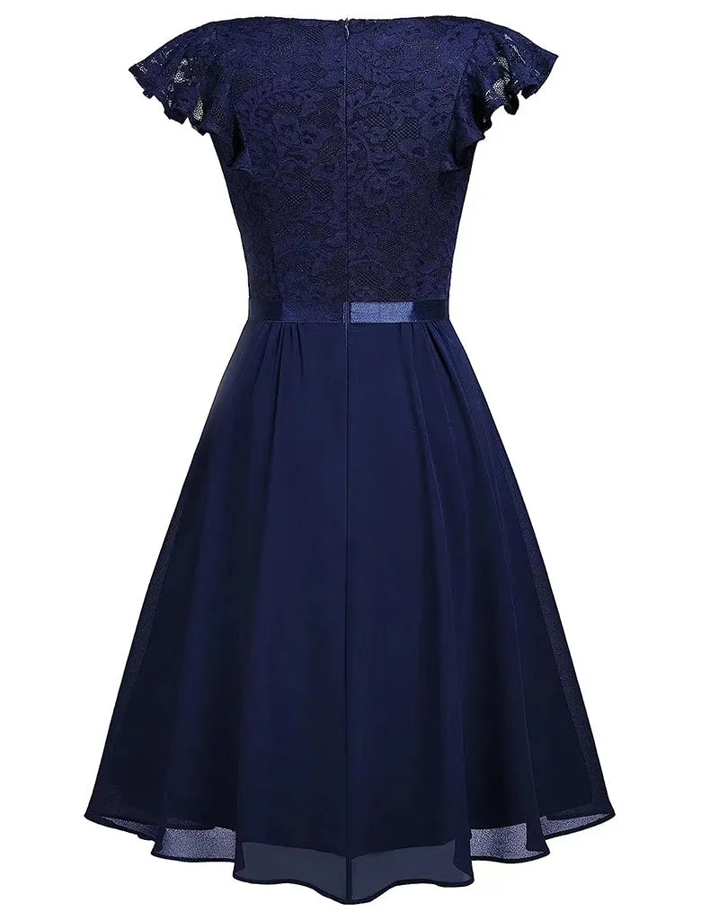 Autumn Lace Cap Sleeve V Neck 50s Party Dress