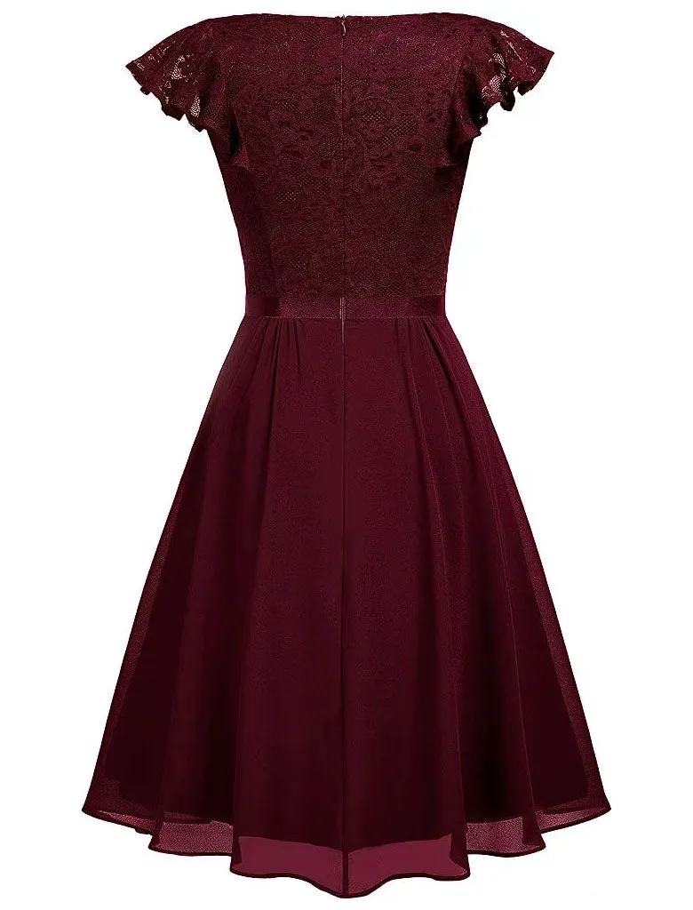 Autumn Lace Cap Sleeve V Neck 50s Party Dress