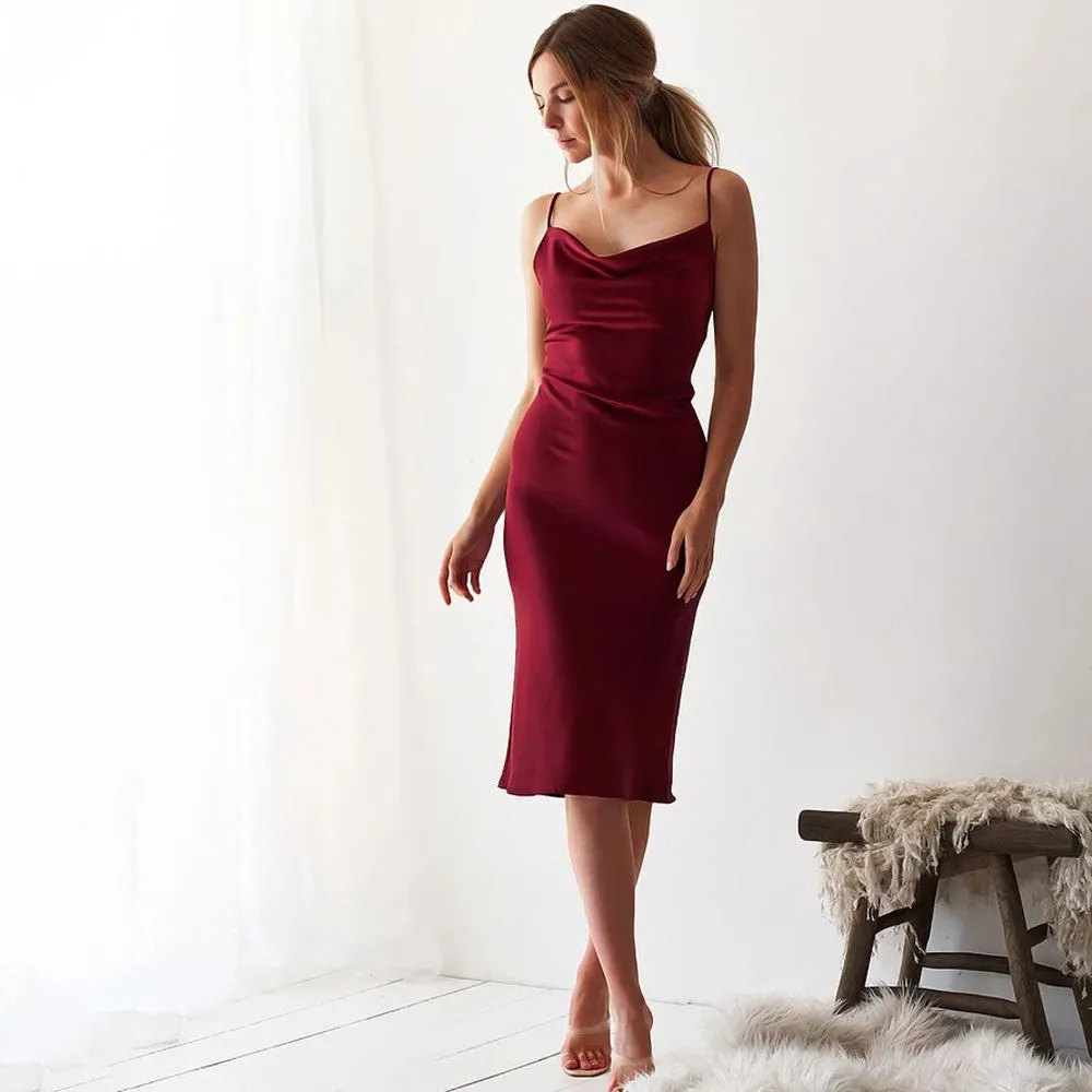 Backless Spaghetti Strap Satin Midi Dresses