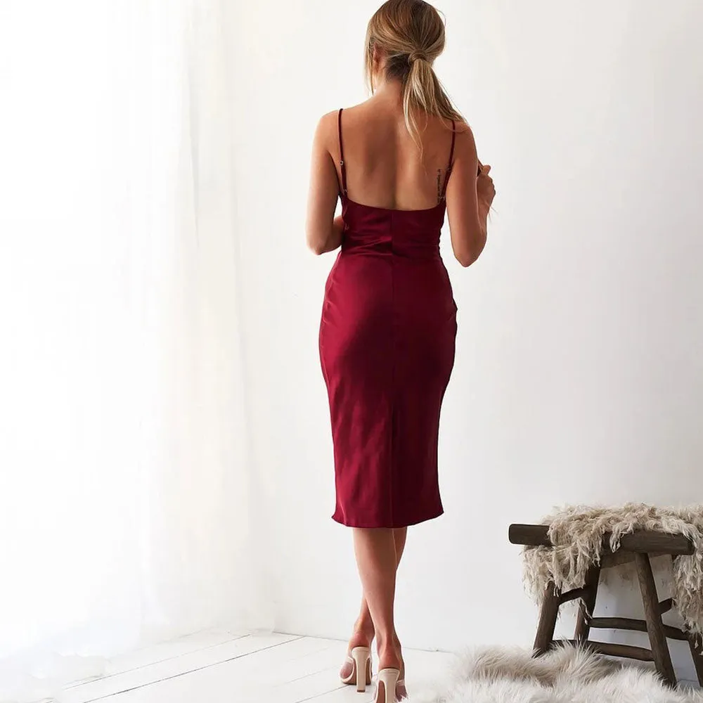 Backless Spaghetti Strap Satin Midi Dresses