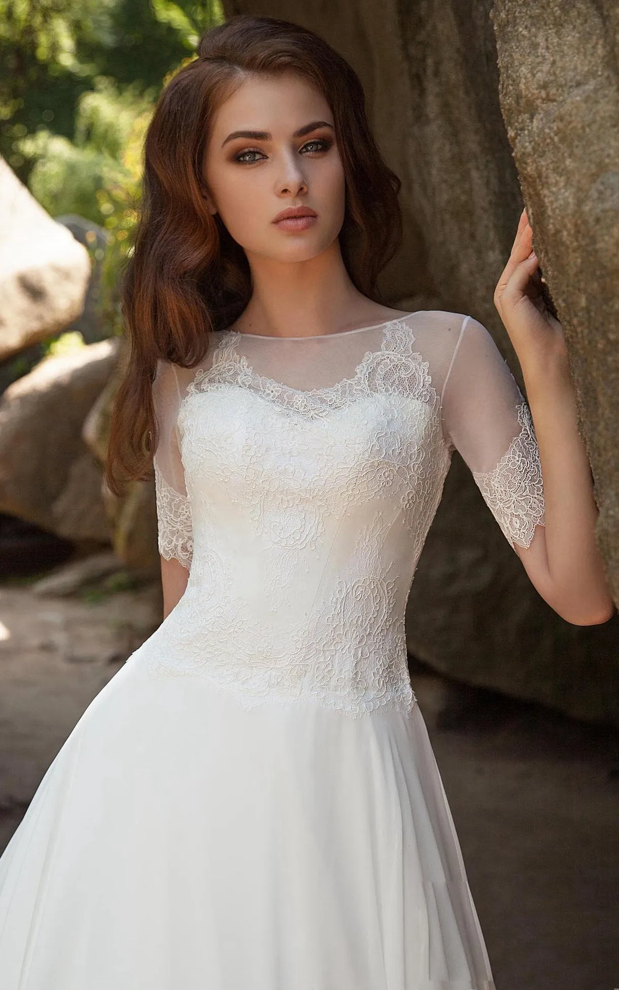 Ball Gown Long Bateau Short-Sleeve Illusion Chiffon Dress With Lace-714633