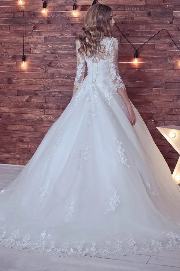 Ball Gown Long Sleeve Tulle Lace Wedding Dress-715031