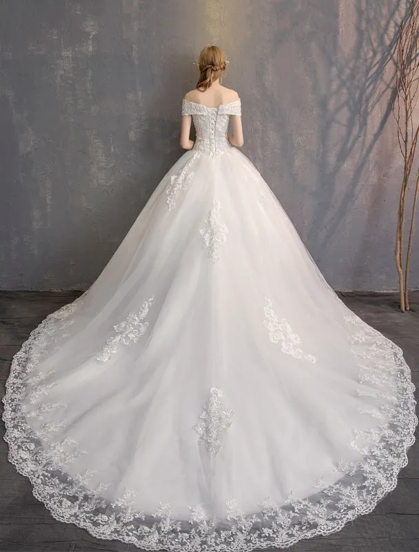 Ball Gown Princess Wedding Dresses Ivory Lace Beaded Chains Off The Shoulder Bridal Dress