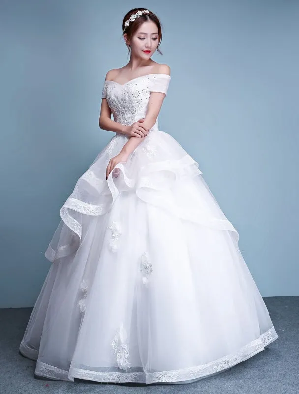 Ball Gown Wedding Dresses Princess Ivory Off The Shoulder Beaded Floor Length Bridal Dress