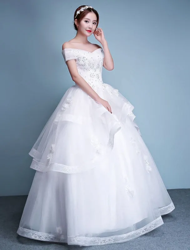 Ball Gown Wedding Dresses Princess Ivory Off The Shoulder Beaded Floor Length Bridal Dress