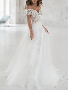 Beach Long A-Line Off the Shoulder Lace Tulle Wedding Dresses