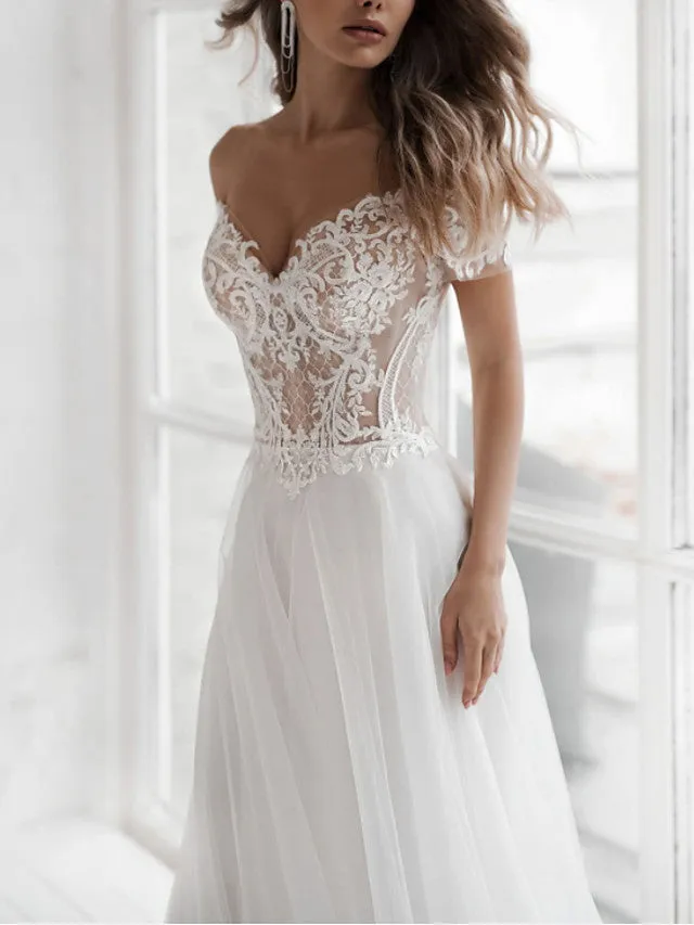 Beach Long A-Line Off the Shoulder Lace Tulle Wedding Dresses