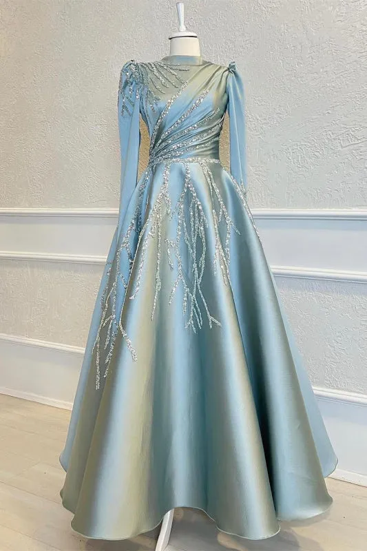 Beaded Prom Dress with High Collar Long Sleeves A-Line Fit and Pleated Appliques