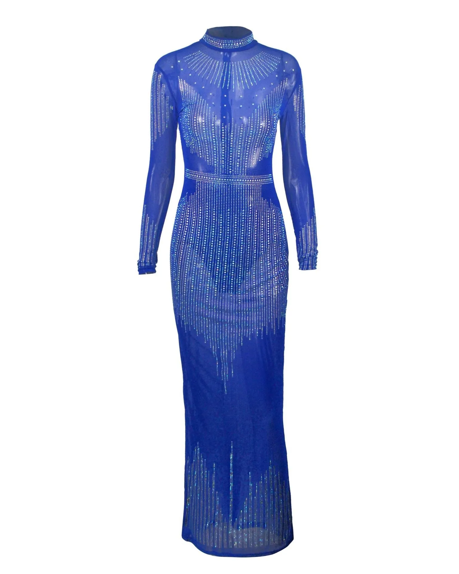 Beading Diamonds Mesh Long Sleeve Maxi Dress