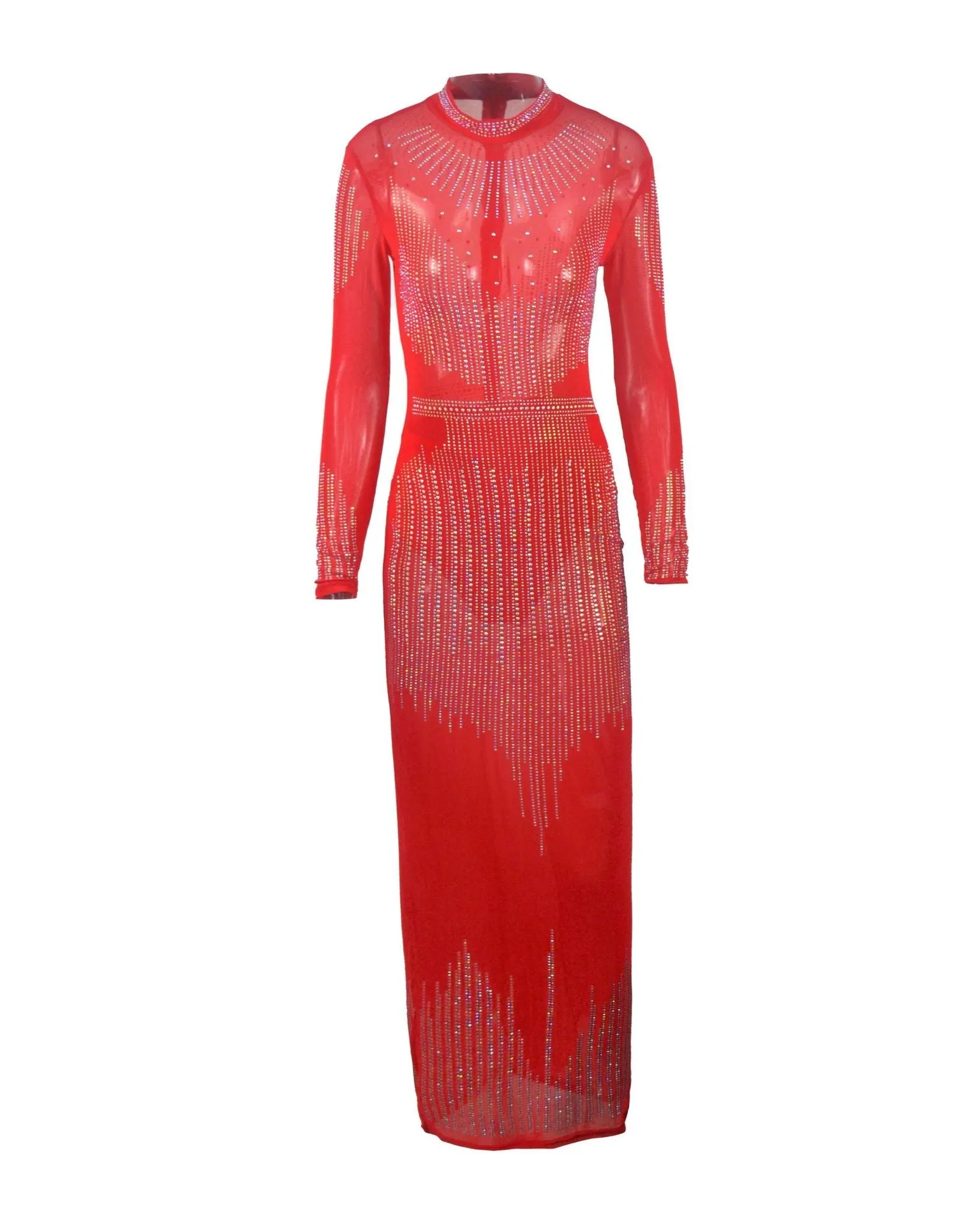 Beading Diamonds Mesh Long Sleeve Maxi Dress