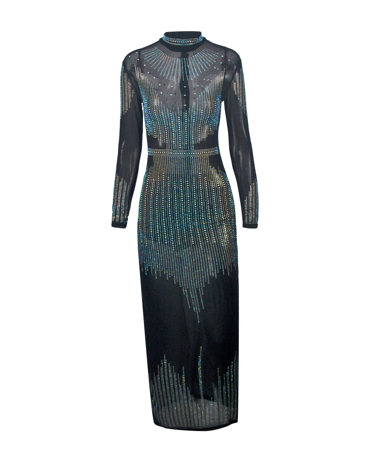 Beading Diamonds Mesh Long Sleeve Maxi Dress