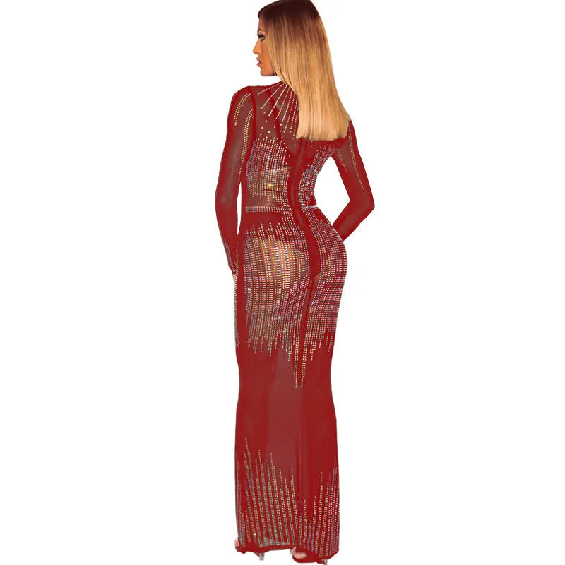 Beading Diamonds Mesh Long Sleeve Maxi Dress