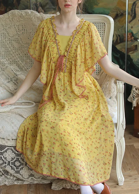 Beautiful Yellow Ruffled Lace Up Nail Bead Chiffon Long Dresses Summer QA1016