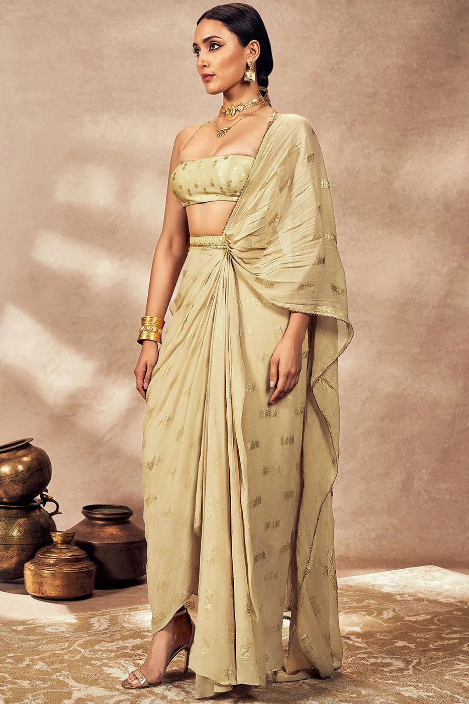 Beige Timber Tribe Drape Saree