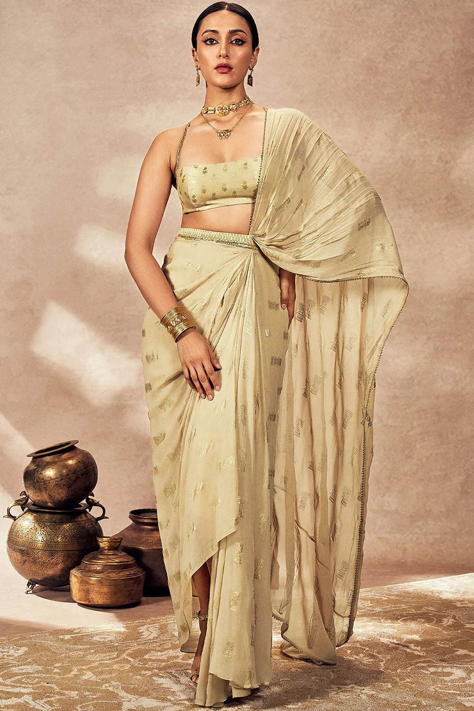 Beige Timber Tribe Drape Saree