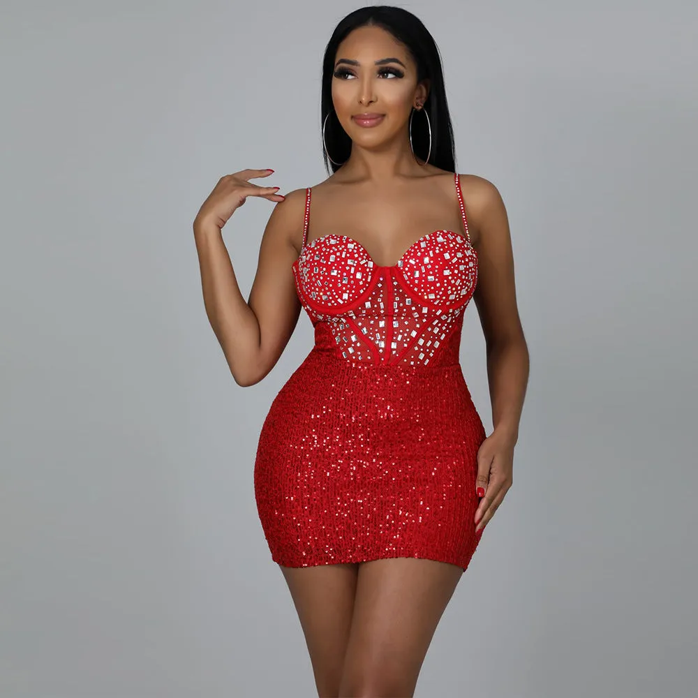 Belt Sequin Splicing Beads Mini Dress