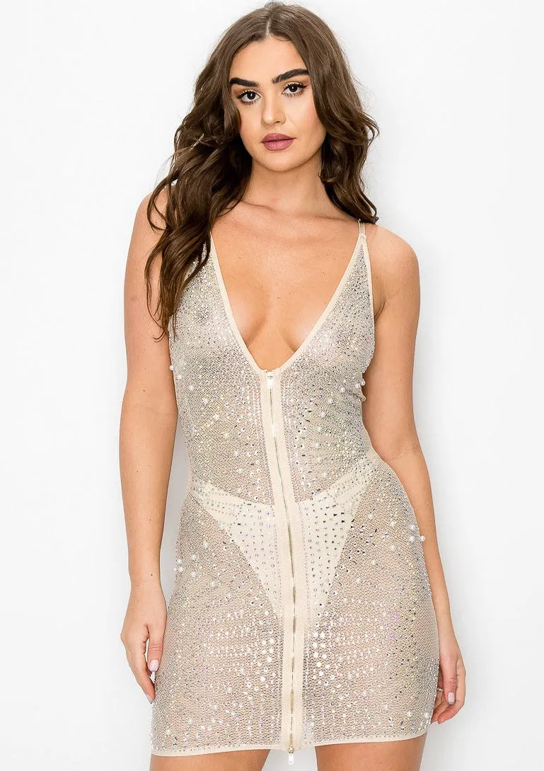 Betty Rhinestone Pearl Stud Mini Dress