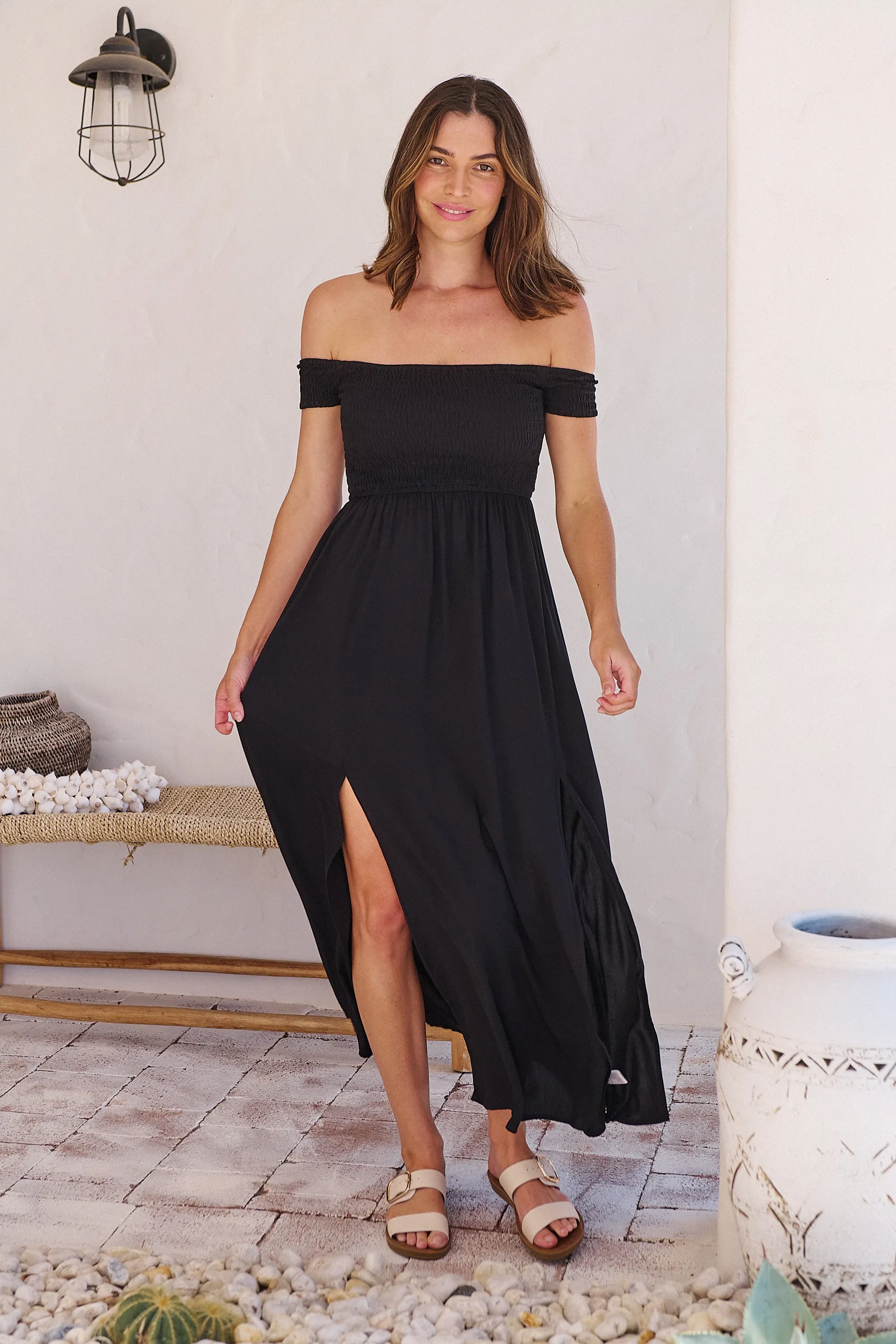 Bianca Shirred off Shouder Black Maxi