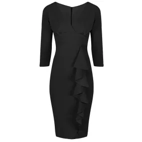 Black 3/4 Sleeve Empire Waist Waterfall Ruffle Wiggle Pencil Dress