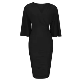 Black 3/4 Waterfall Sleeve Slinky Wrap Over Midi Dress