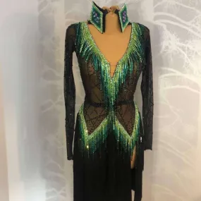 Black & Green Latin Dress with Fringe