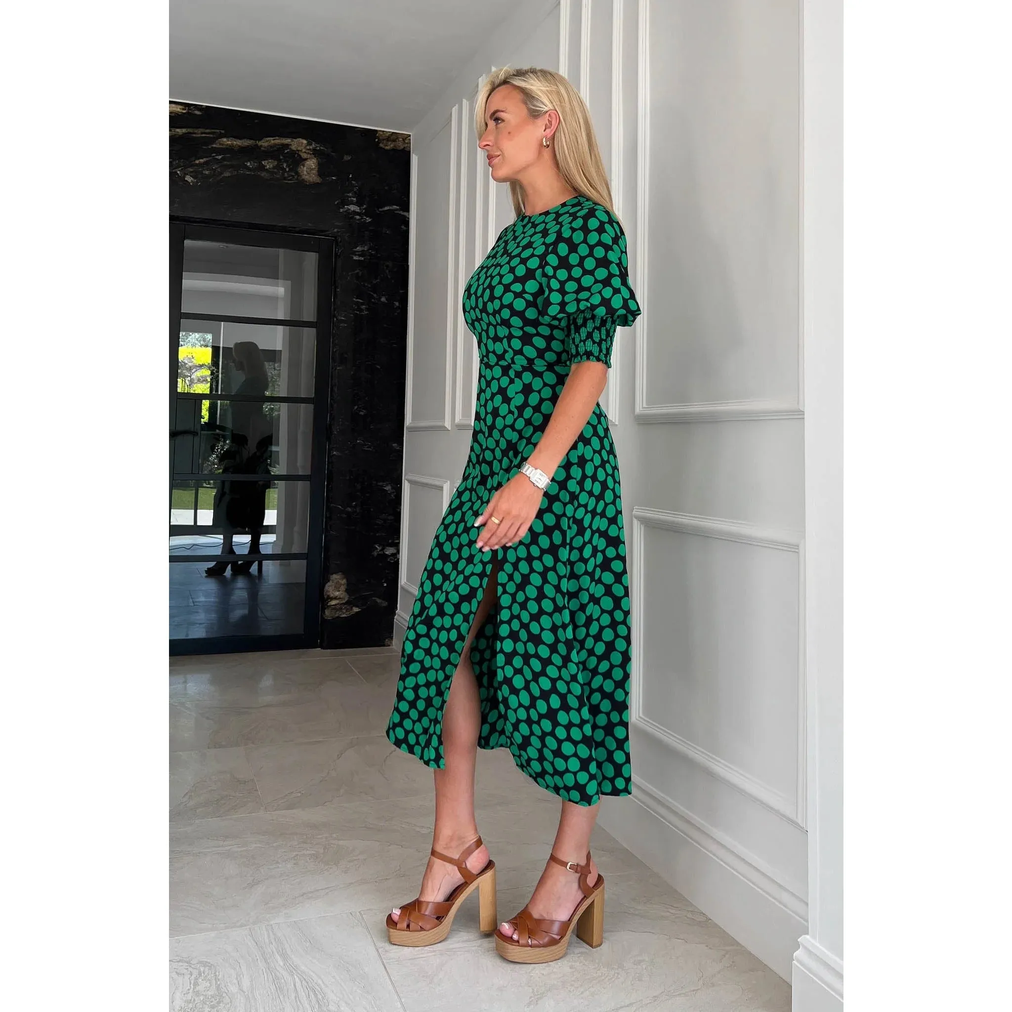 Black & Large Green Polka Dot Midi Dress With 3/4 Length Cuff Sleeves