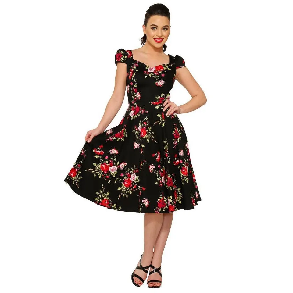 Black Floral Blossom Print Rockabilly 50s Swing Dress