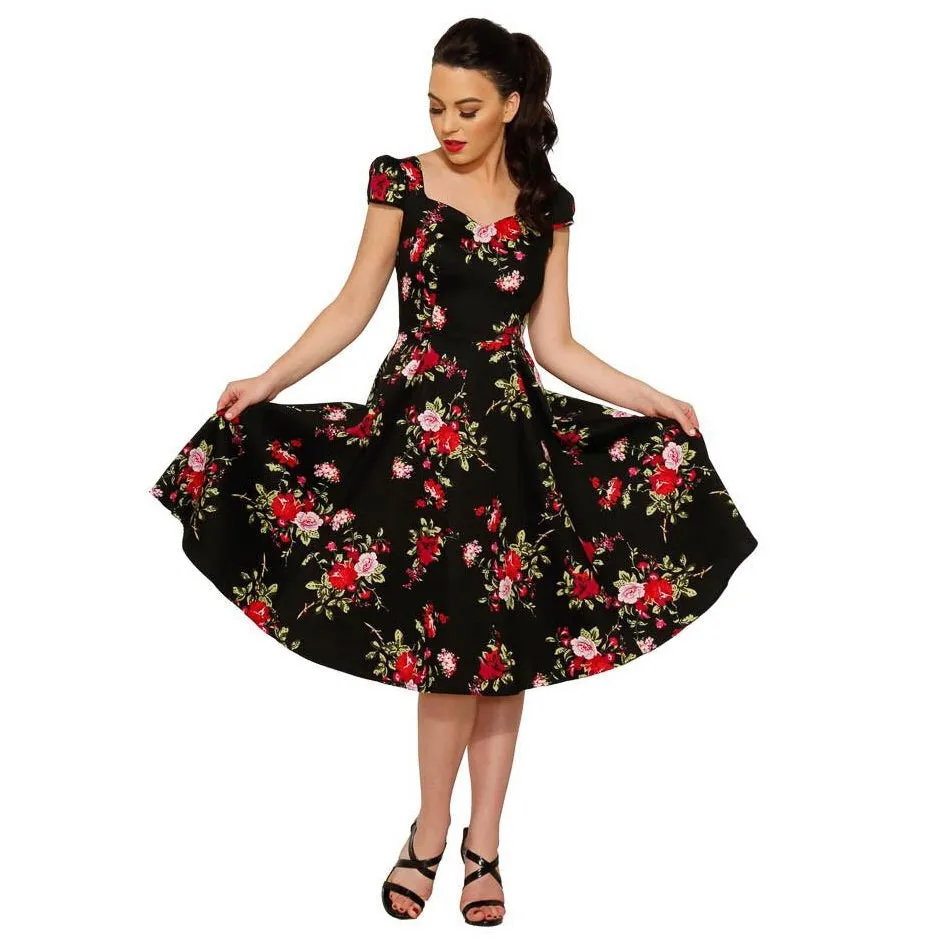 Black Floral Blossom Print Rockabilly 50s Swing Dress