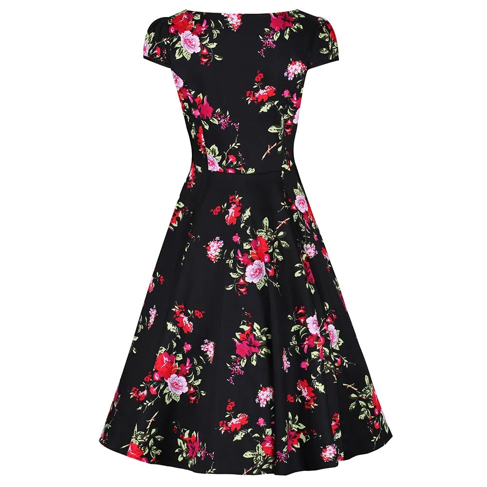 Black Floral Blossom Print Rockabilly 50s Swing Dress