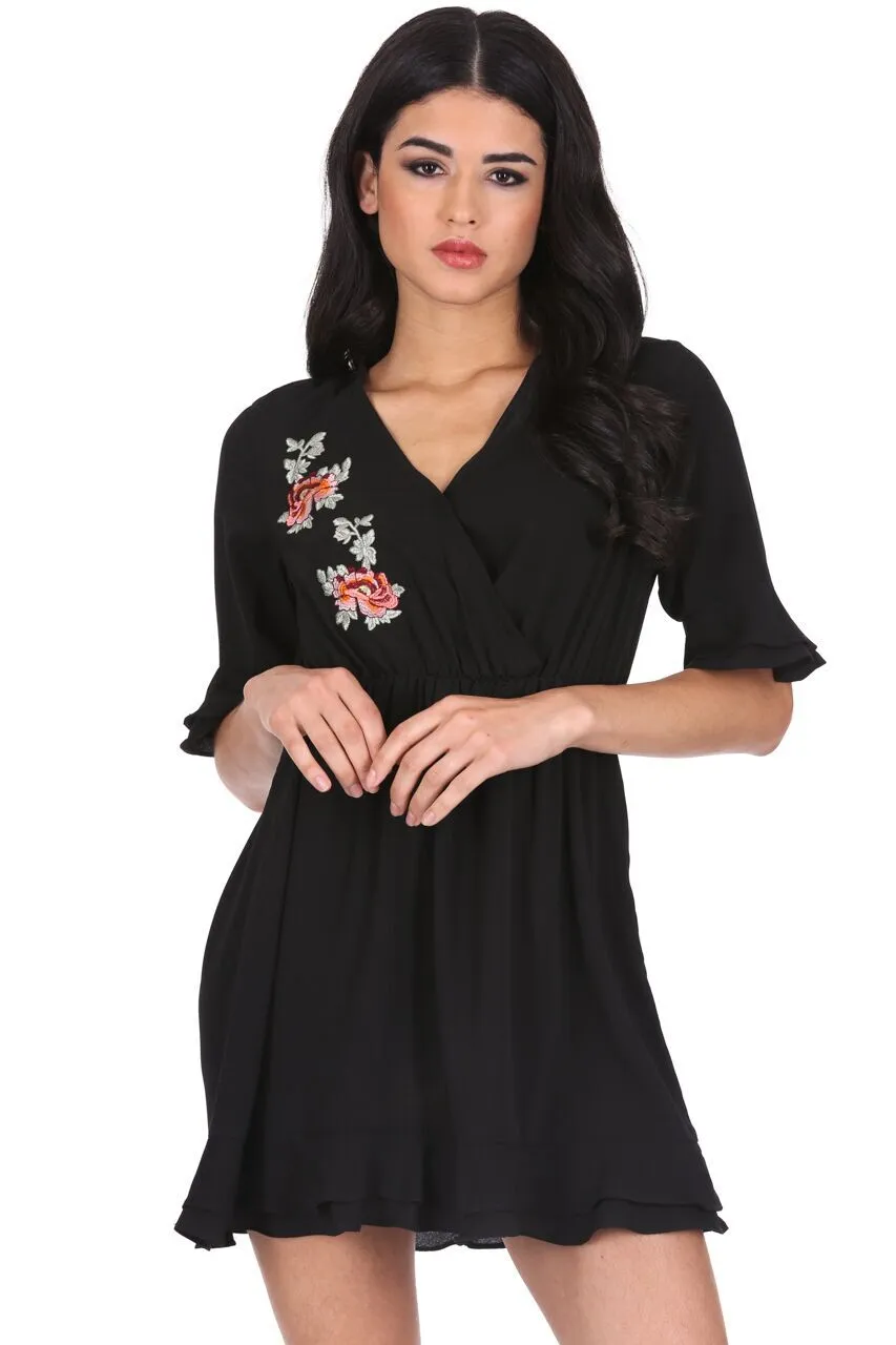 Black Floral Embroidered Frill Detail Dress