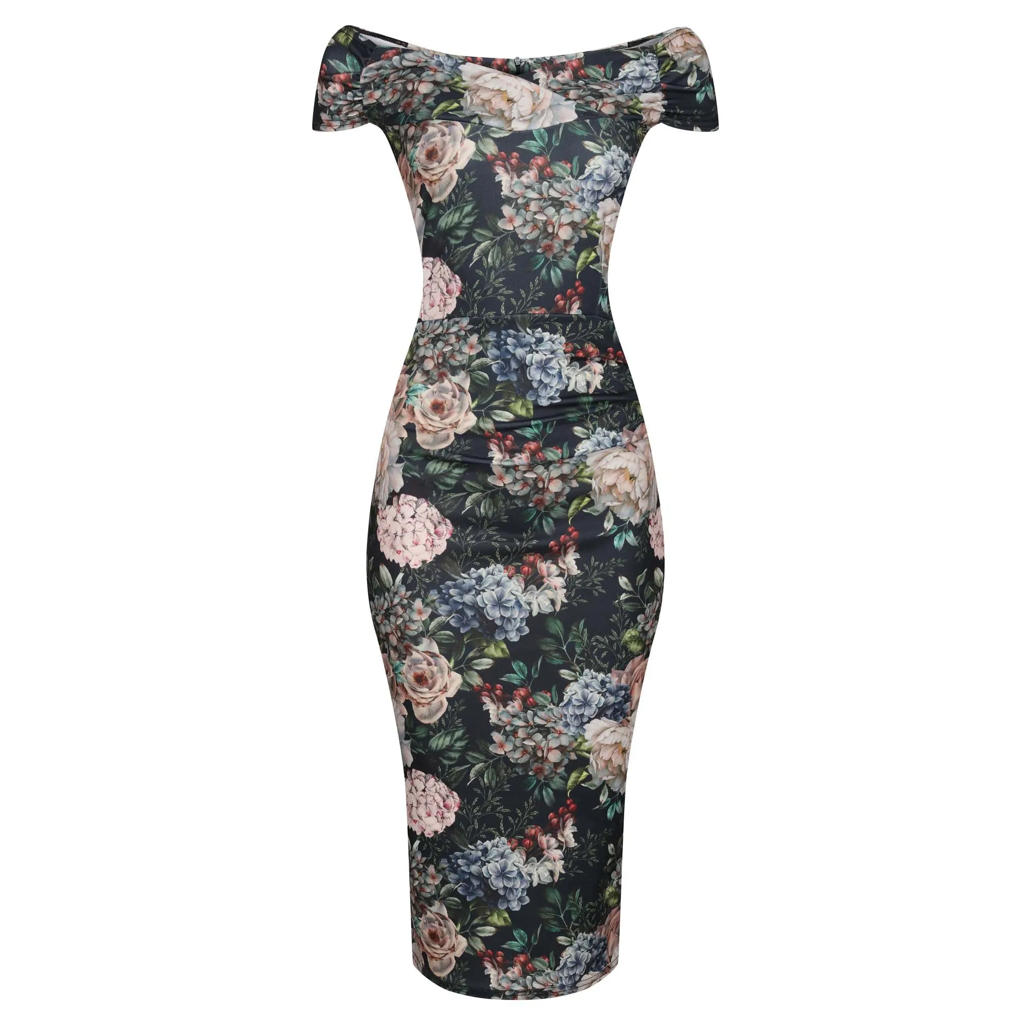 Black Floral Print Cap Sleeve Crossover Top Bardot Pencil Dress