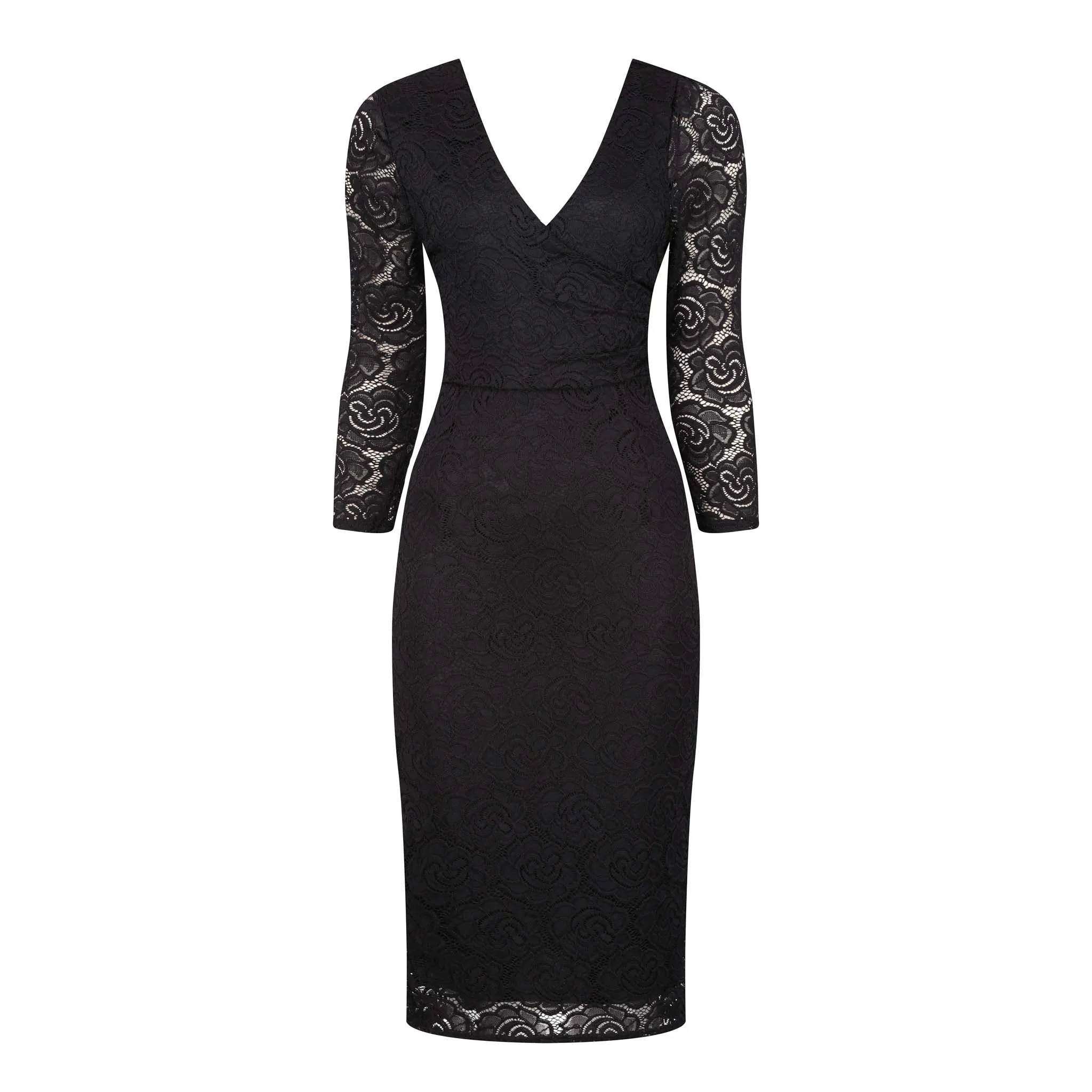 Black Lace 3/4 Sleeve Wrap Over Effect Midi Dress