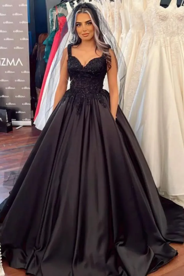 Black Long Ball Gown Sweetheart Satin Ruffles Wedding Dress